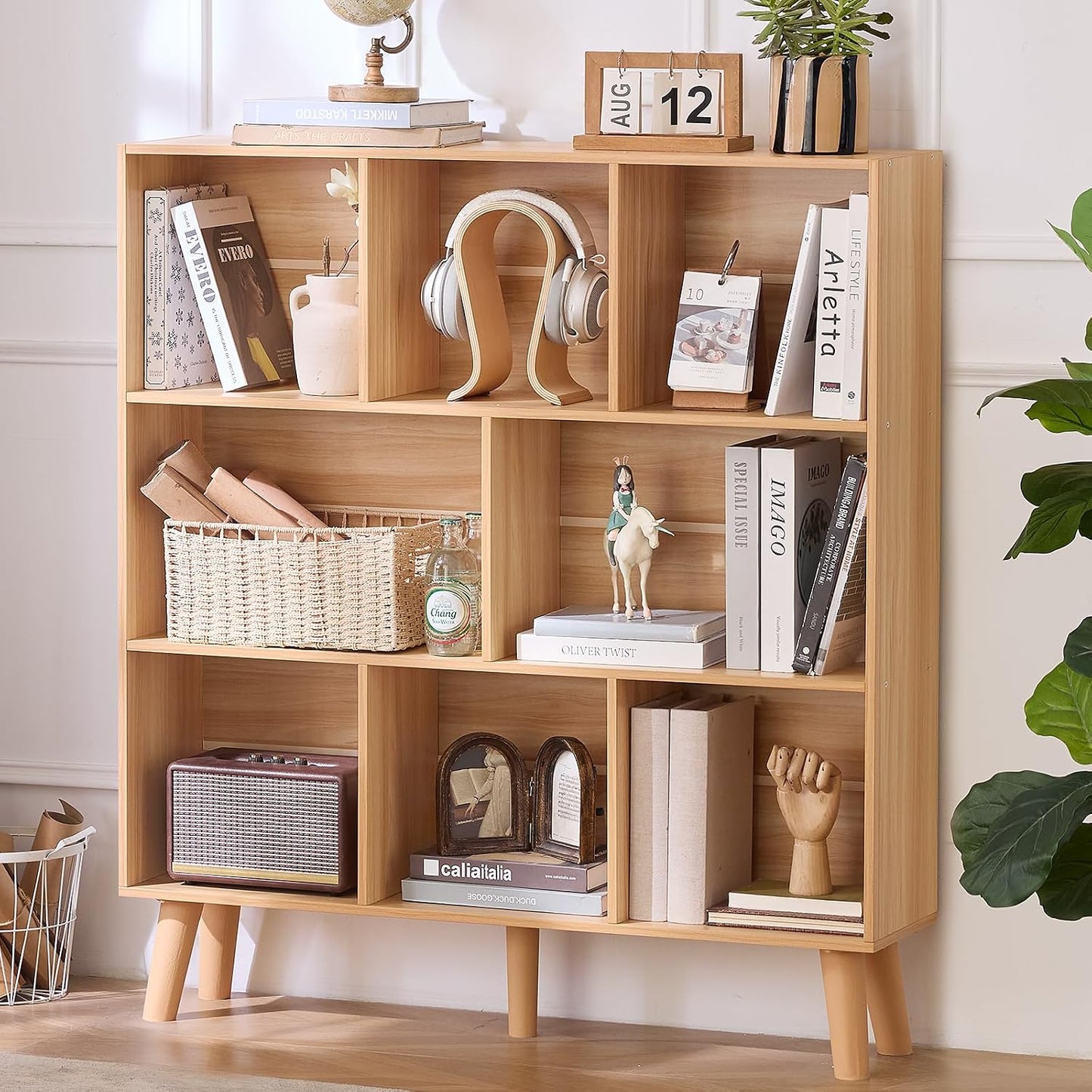 LEYAOYAO Cube Bookshelf 3 Tier Mid-Century Rustic Brown Modern Bookcase with Legs,Retro Wood Bookshelves Storage Organizer Shelf,Freestanding Open Book Shelves for Bedroom,Living Room,Office — Natural / 8 Cube with Legs