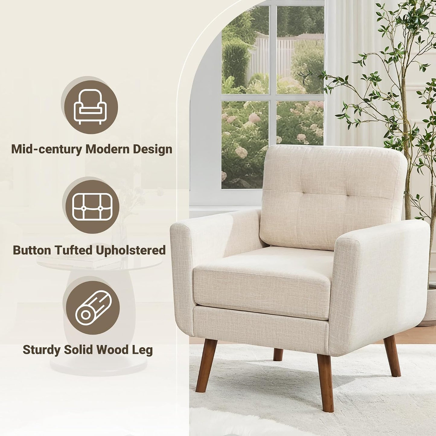 Tbfit Linen Fabric Single Sofa, Accent Chair, Mid Century Modern Armchair for Living Room, Bedroom Button Tufted Upholstered Comfy Reading Sofas, Beige — Single / Beige (3)