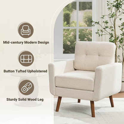 Tbfit Linen Fabric Single Sofa, Accent Chair, Mid Century Modern Armchair for Living Room, Bedroom Button Tufted Upholstered Comfy Reading Sofas, Beige — Single / Beige (3)