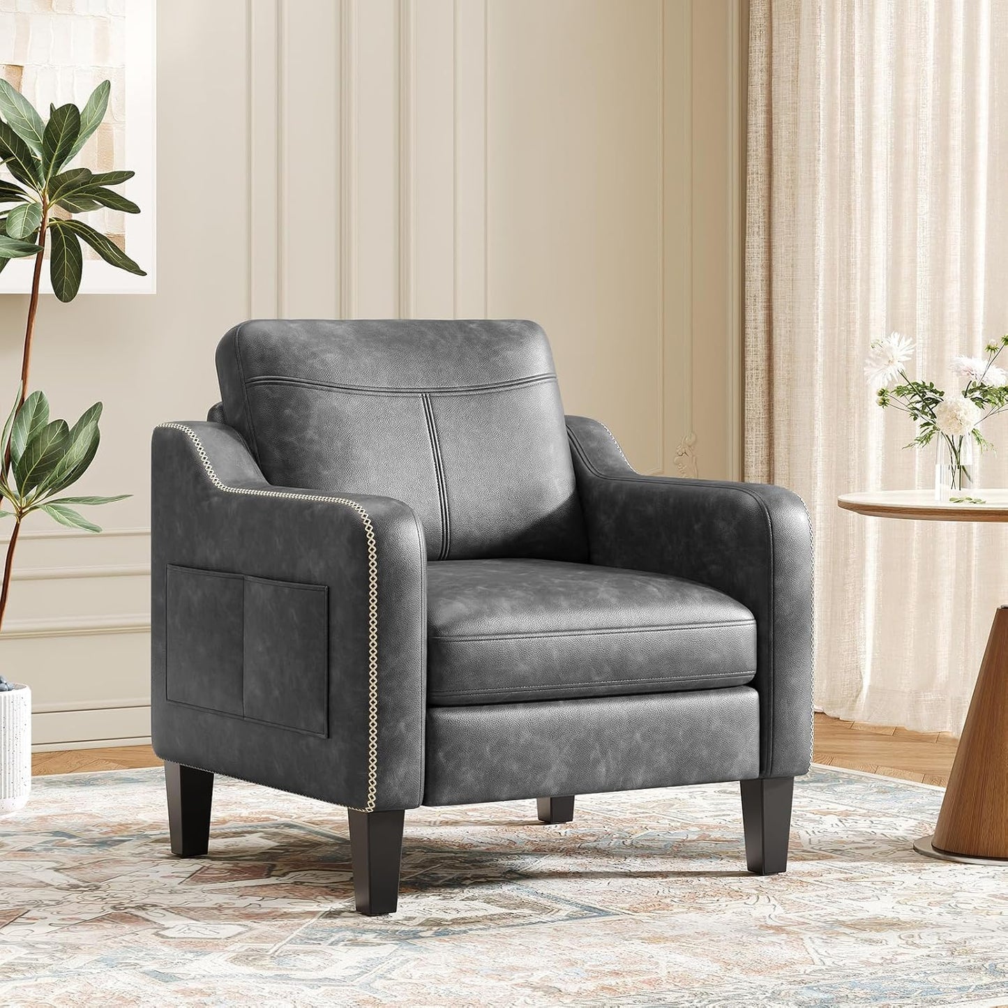 MALOL PU Leather Accent Chair, Mid-Century Modern Living Room Armchair Sofa with Removable Cushions, Solid Wood Frame & Stitched Armrest Design, Bedroom Chair with Plastic Legs, Chocolate Brown — Black / Set of 1