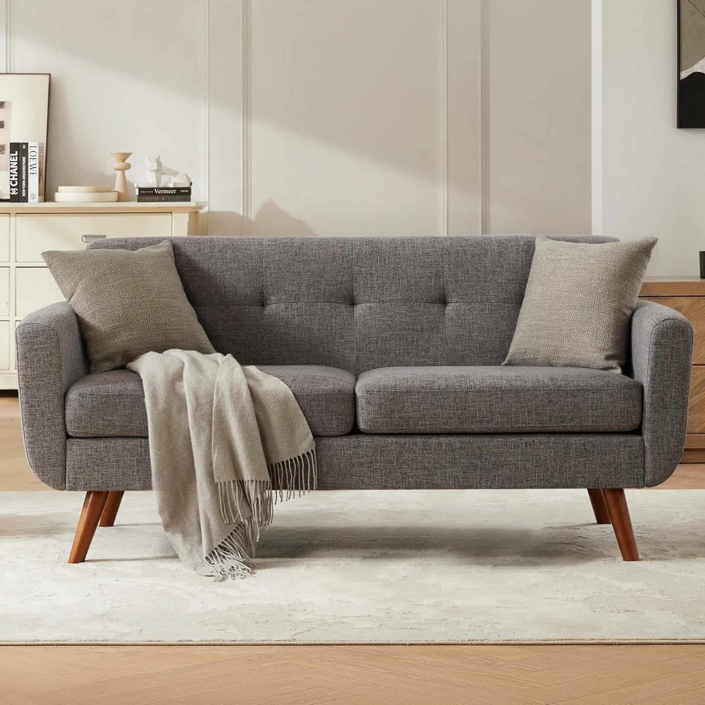 Tbfit Linen Fabric Single Sofa, Accent Chair, Mid Century Modern Armchair for Living Room, Bedroom Button Tufted Upholstered Comfy Reading Sofas, Beige
