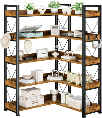 DUMOS 5 Tiers Bookshelf, Classical Modern Book Shelf, Tall Display Shelves in Living Room/Home/Office, Storage Organizer for CDs/Books/Movies, Rustic Brown | Tall Display Shelves in Living Room/Home/Office, Storage Organizer for CDs/Books/Movies, Rustic B