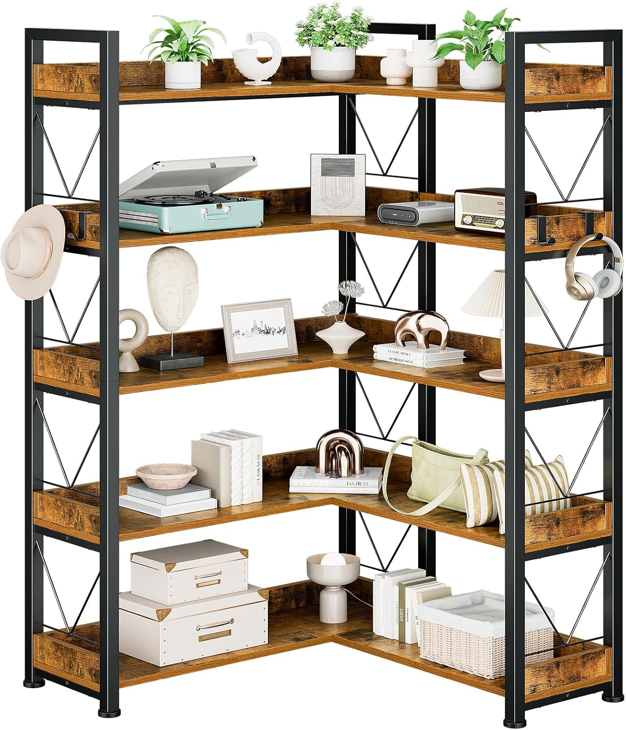DUMOS 5 Tiers Open Bookshelf, Classic Freestanding Tall Display Shelf | Multifunctional Storage Organizer Rack for Living Room Home Office, Sturdy Bookcase for CDs/Books/Movies, Modern Black — Brown / 5 Tier＆L Shaped