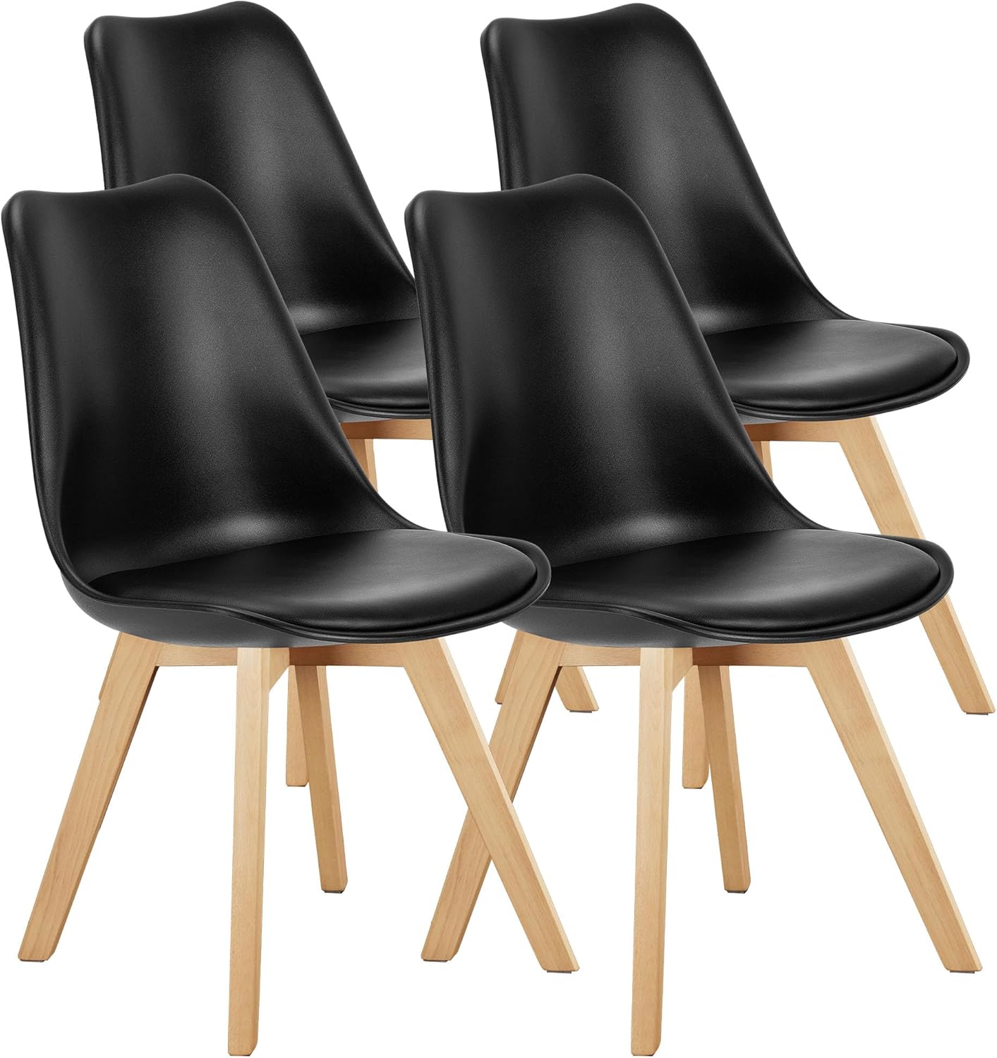 OLIXIS Dining Chairs Set of 4, Mid Century Modern Accent Chairs with Curved Backrest and Wood Legs, PU Leather Upholstered Kitchen Side Chair for Living Room, Bedroom, Outdoor Patio, White — Black / 4 PC