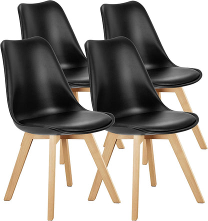 OLIXIS Dining Chairs Set of 4, Mid Century Modern Accent Chairs with Curved Backrest and Wood Legs, PU Leather Upholstered Kitchen Side Chair for Living Room, Bedroom, Outdoor Patio, White — Black / 4 PC