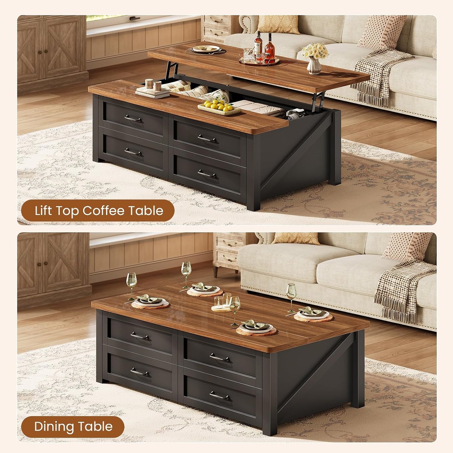 Itaar 47.2" Lift Top Coffee Table with Storage, Farmhouse Coffee Tables for Living Room with 4 Wood Drawers & Large Hidden Storage Space, Center Table for Living Room, Black + Brown — Black + Brown / 4 Drawers (8)