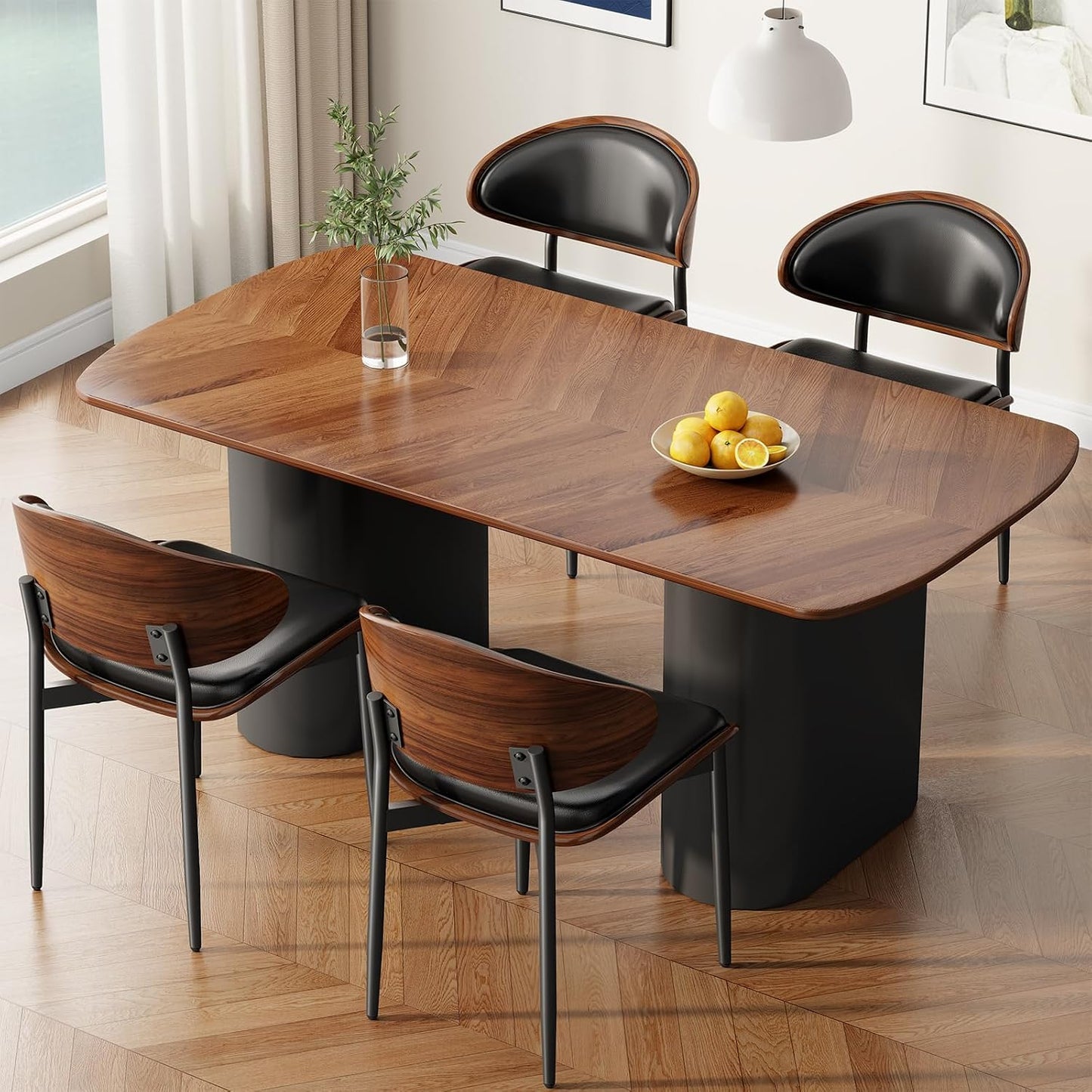 Dining Chairs Set of 4, Mid-Century Modern Upholstered PU Leather Chairs | with Walnut Bentwood Back and Metal Legs Adjustable Feet for Kitchen Dining Room, Camel Shell Strips — Black Pu / 4