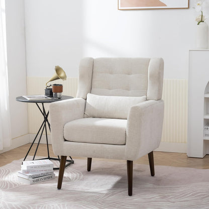 Accent Chair, Comfy Upholstered Living Room Chairs with High Tufted Backrest and Pillow, Wingback Reading Chair with Solid Wood Legs for Bedroom/Office,Teddy Fabric, Light Green — Set of 1 / Beige(a)
