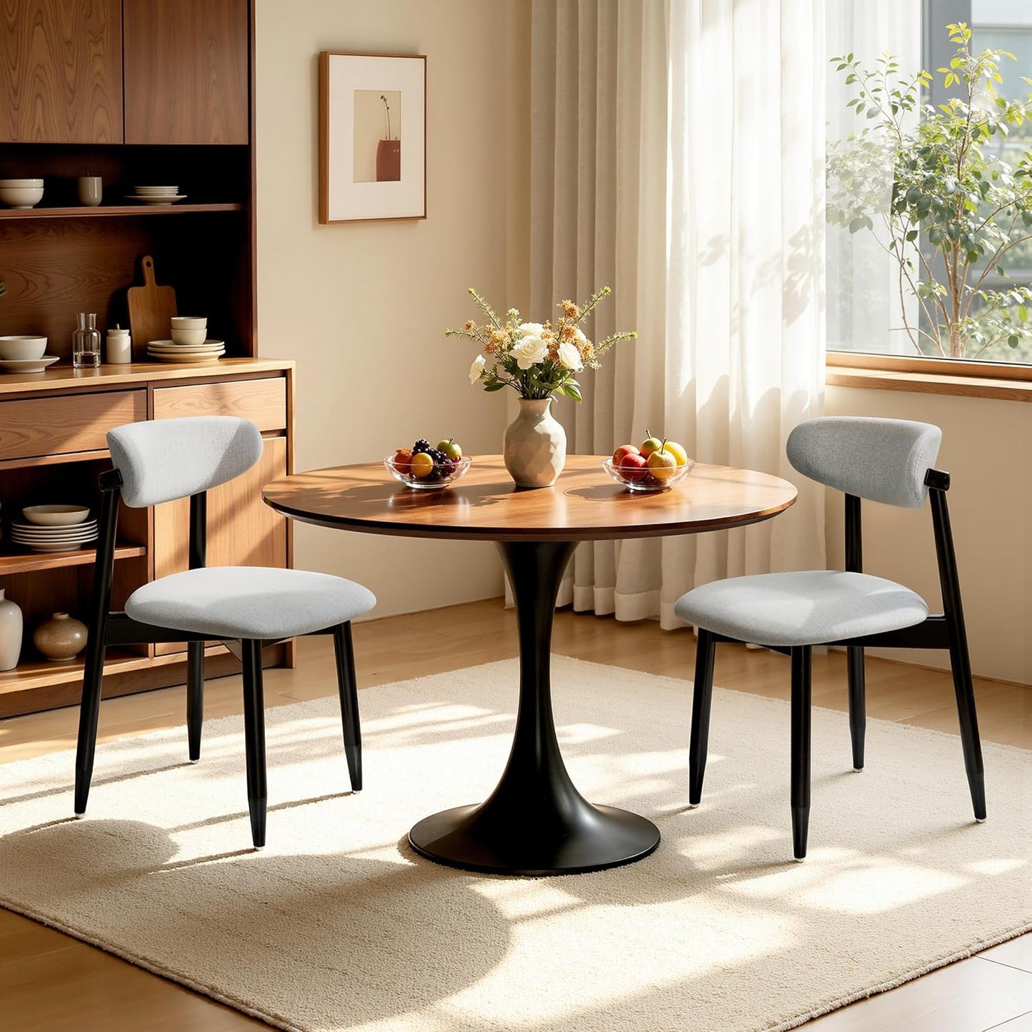 CHUN YI Dining Chairs Set of 4, Upholstered Wooden Dining Room Chairs, Mid Century Modern Fabric Kitchen Chair with Ergonomic Curved Backrest, Beige (Only Chairs) — Grey / Set of 2