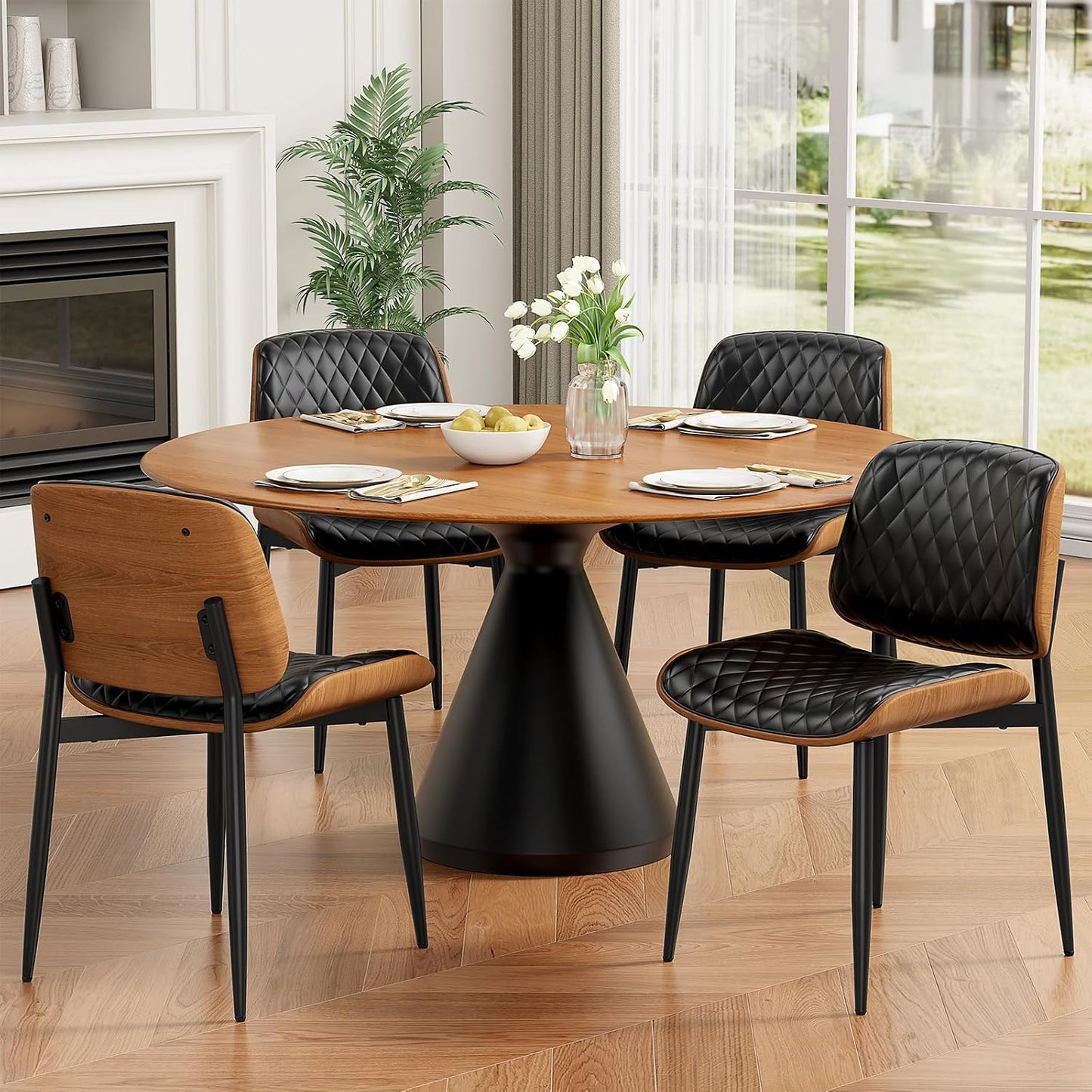 Dining Chairs Set of 4, Mid-Century Modern Upholstered PU Leather Chairs | with Walnut Bentwood Back and Metal Legs Adjustable Feet for Kitchen Dining Room, Camel Shell Strips — Black Diamond Plaid / 4