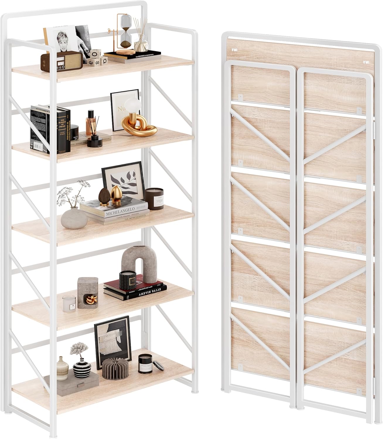 JSB No Assembly Folding Bookshelf, 4 Tier Industrial Metal Book Shelf for Storage, Vintage Wood Foldable Bookcase for Living Room, Bedroom, Office Organization Shelves — White / 5-Tier