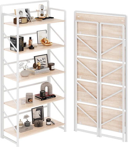 JSB No Assembly Folding Bookshelf, 4 Tier Industrial Metal Book Shelf for Storage, Vintage Wood Foldable Bookcase for Living Room, Bedroom, Office Organization Shelves — White / 5-Tier