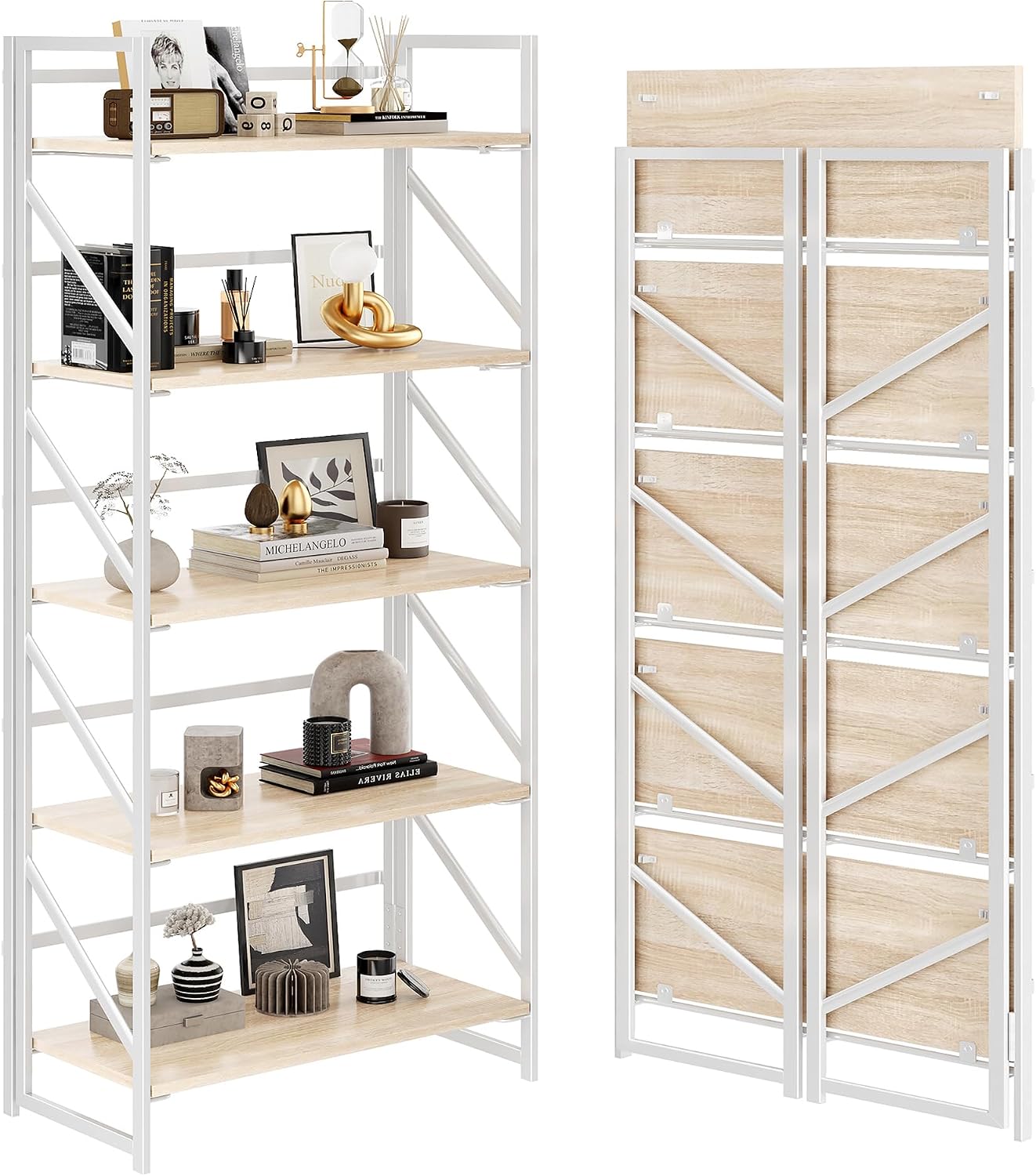 JSB No Assembly Folding Bookshelf, 4 Tier Industrial Metal Book Shelf for Storage, Vintage Wood Foldable Bookcase for Living Room, Bedroom, Office Organization Shelves — White / Flat Tube 5-Tier