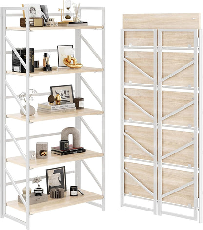 JSB No Assembly Folding Bookshelf, 4 Tier Industrial Metal Book Shelf for Storage, Vintage Wood Foldable Bookcase for Living Room, Bedroom, Office Organization Shelves — White / Flat Tube 5-Tier
