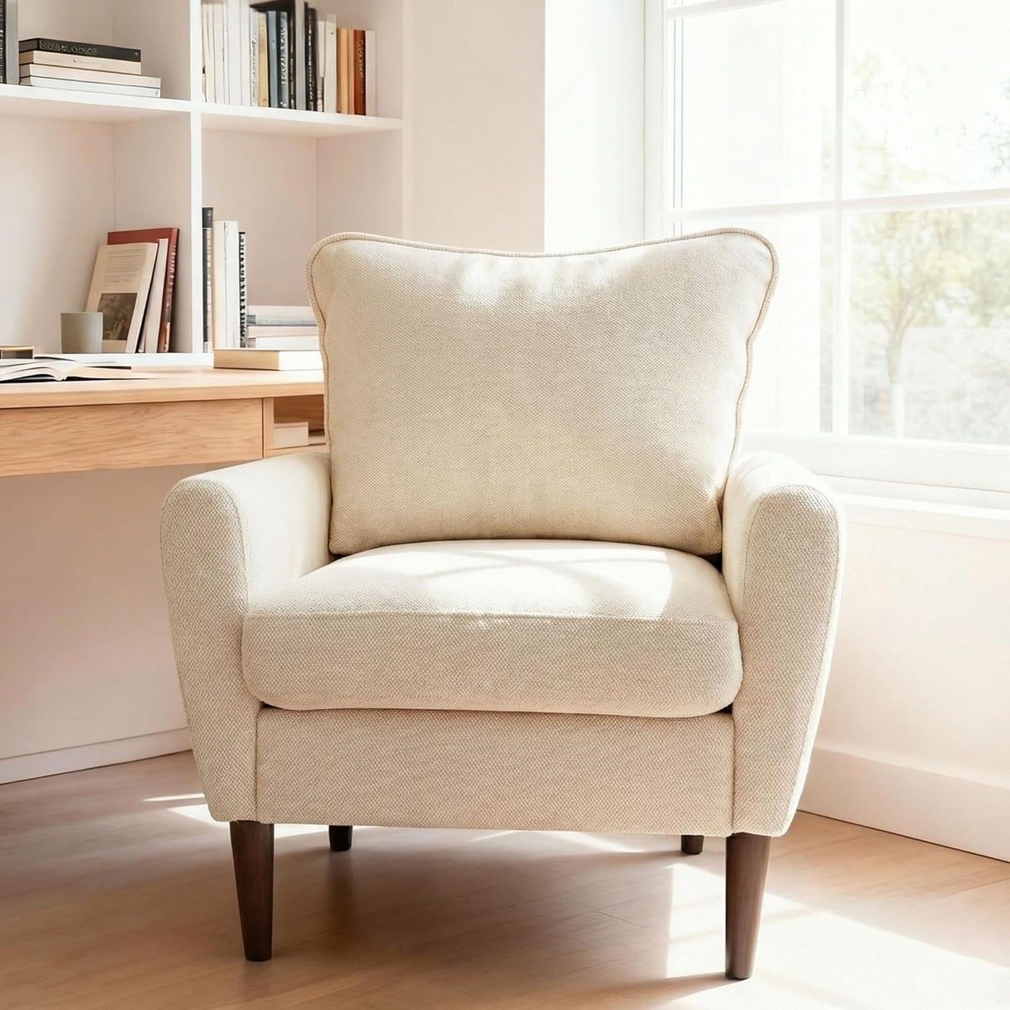 OLIXIS Comfy Accent Chair for Living Room Bedroom and Waiting Room, Upholstered Mid-Century Reading Chair with Pillow and Solid Wood Legs, Wide Singe Modern Lounge Sofa, Gray — Ivory White / 2