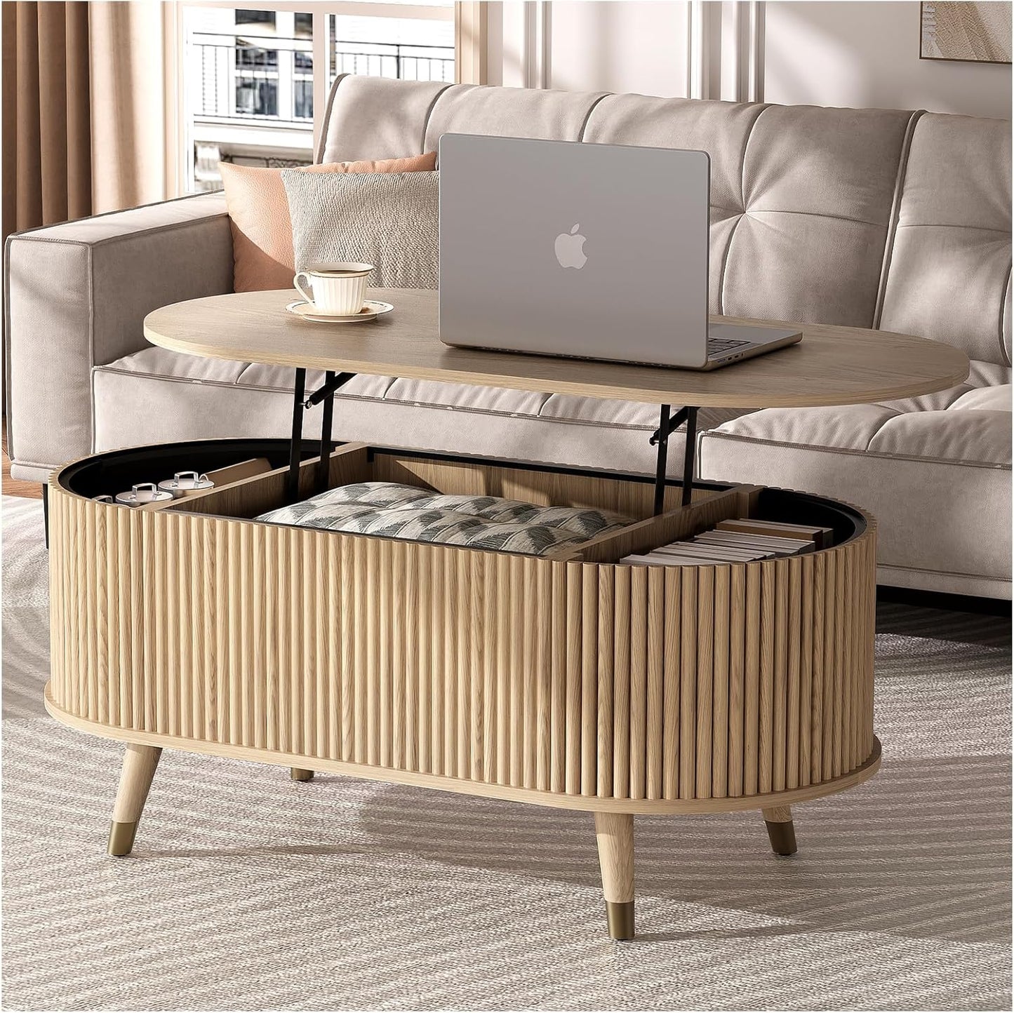 JOINICE 31.5" Round Coffee Table with Storage for Living Room, Walnut | Hidden Storage,Fluted Sliding Door,Mid Century Furniture for Small Apartments,Solid Wood Legs,Easy Assembly,Up to 110 lbs — Oak_oval