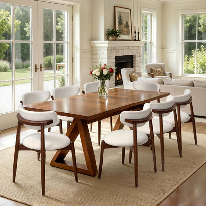 CHUN YI Dining Chairs Set of 4, Upholstered Wooden Dining Room Chairs, Mid Century Modern Fabric Kitchen Chair with Ergonomic Curved Backrest, Beige (Only Chairs) — Round-cream-walnut / Set of 8
