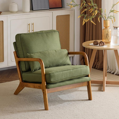 Karl home Mid-Century Modern Accent Reading Chair, Beige | Linen Upholstered, Solid Wood Frame, Soft Cushion, Lumbar Pillow, Lounge Armchair for Living Room, Bedroom, Balcony, Study — Linen Green