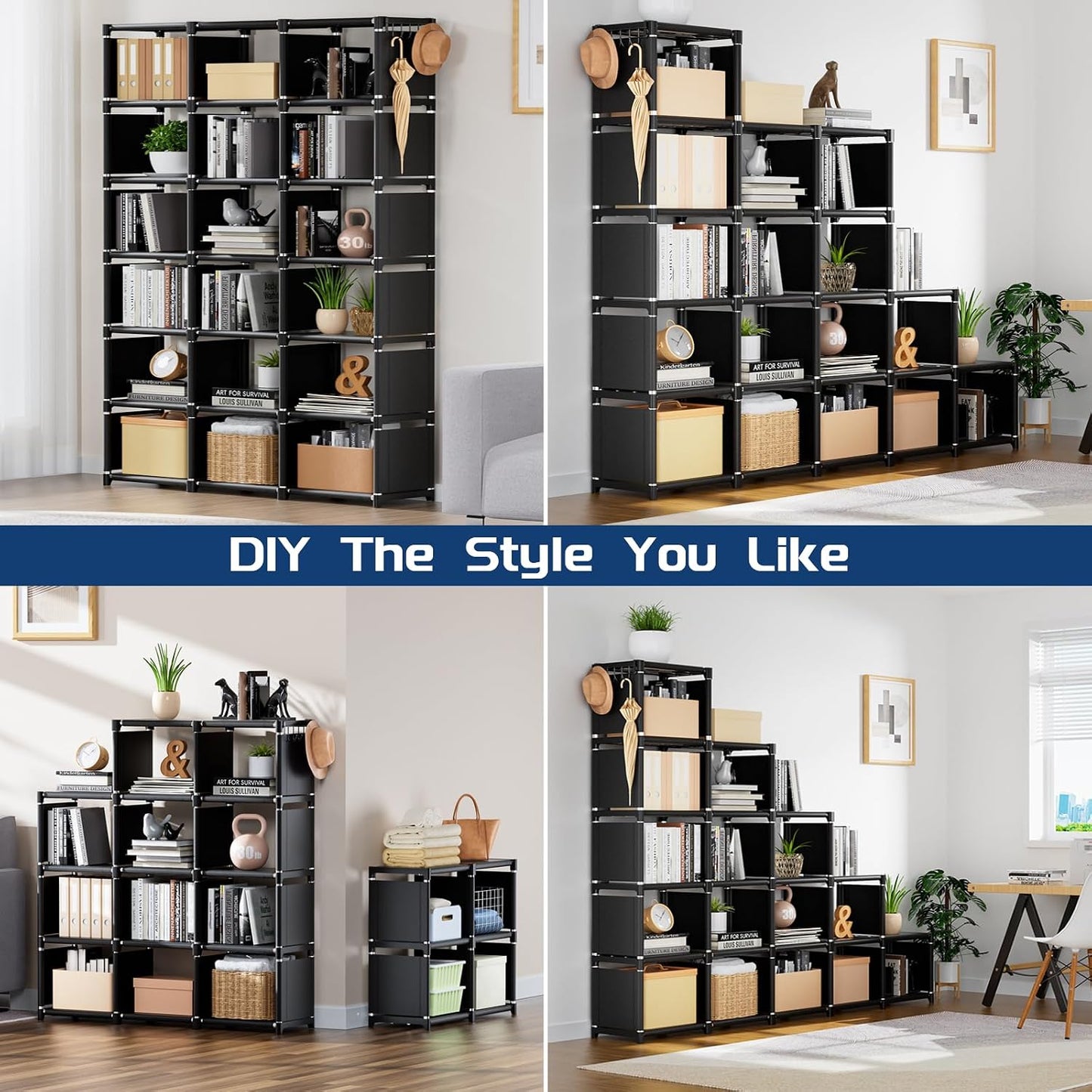 Mavivegue Bookcase, 18-Cube Extra Large Book Shelf, DIY Cube Storage Organizer for Bedroom, Living Room, Home Office - Black — Black / 18-Grid (4)