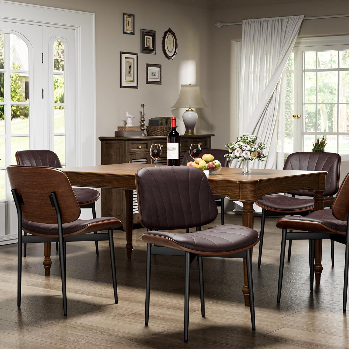 YaFiti Mid Century Dining Chairs Set of 4 with Walnut Bentwood, Greige | Ergonomic Walnut Backrest, Upholstered Waterproof PU Leather Seat, Stable Metal Legs, Adjustable Footpads, Apartment Friendly — Brown Scallop / 6