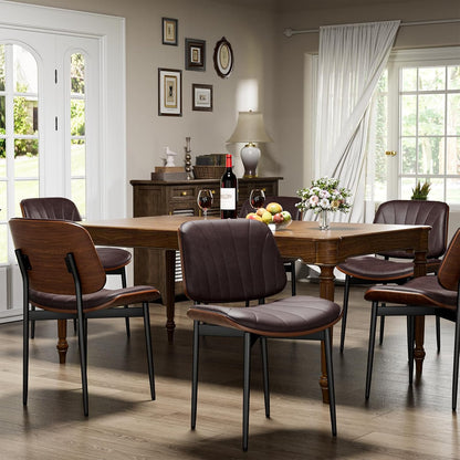 YaFiti Mid Century Dining Chairs Set of 4 with Walnut Bentwood, Greige | Ergonomic Walnut Backrest, Upholstered Waterproof PU Leather Seat, Stable Metal Legs, Adjustable Footpads, Apartment Friendly — Brown Scallop / 6
