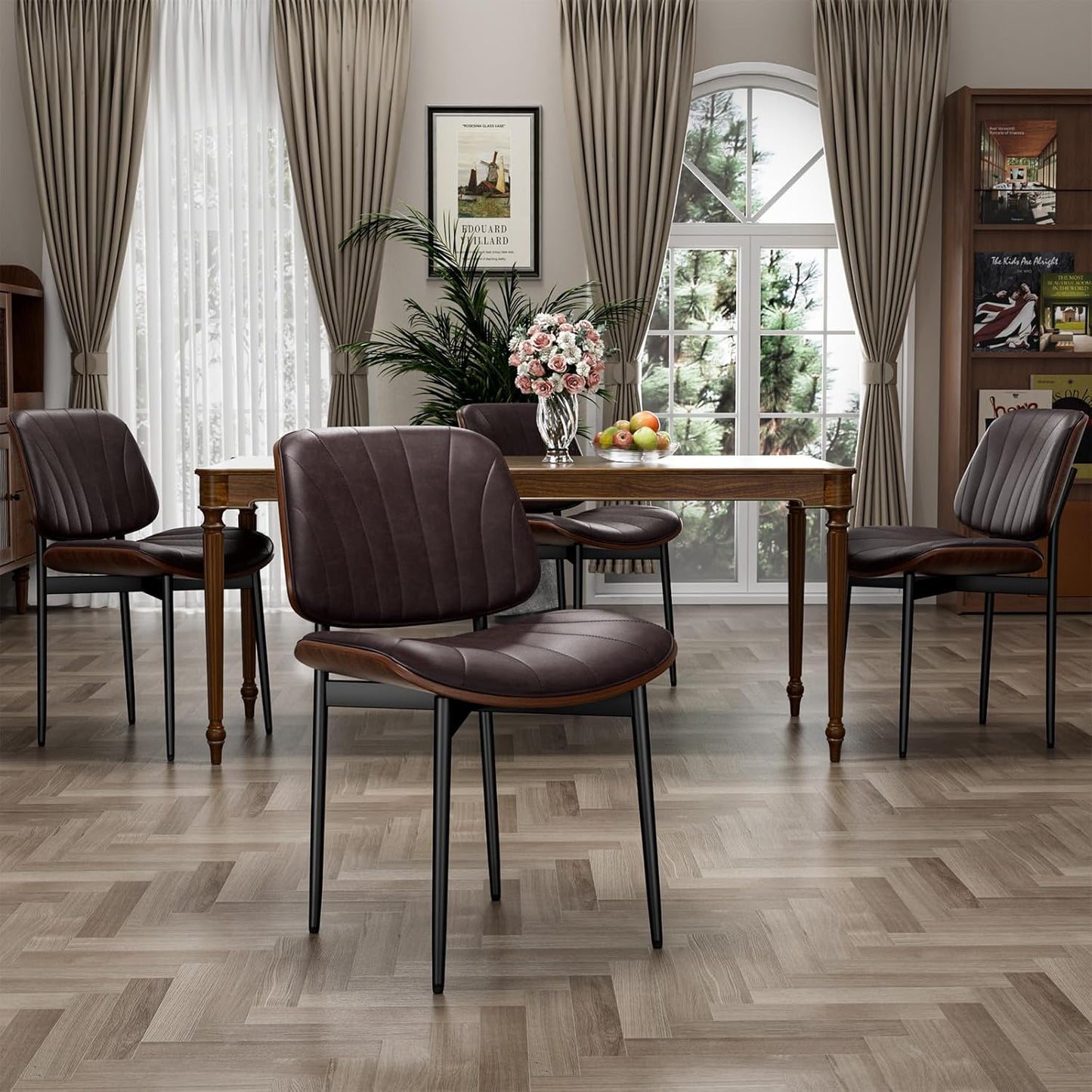 YaFiti Mid Century Dining Chairs Set of 4 with Walnut Bentwood, Greige | Ergonomic Walnut Backrest, Upholstered Waterproof PU Leather Seat, Stable Metal Legs, Adjustable Footpads, Apartment Friendly — Brown Scallop / 4