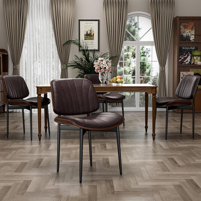 YaFiti Mid Century Dining Chairs Set of 4 with Walnut Bentwood, Greige | Ergonomic Walnut Backrest, Upholstered Waterproof PU Leather Seat, Stable Metal Legs, Adjustable Footpads, Apartment Friendly — Brown Scallop / 4