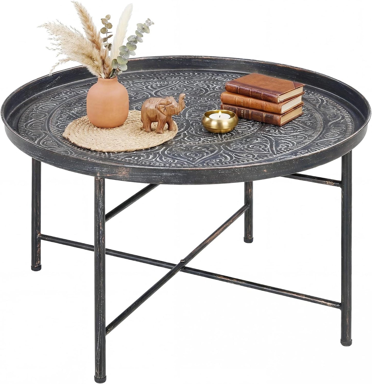 HOMCOM 24" Round Coffee Table with Hammered Tray Top, Vintage Metal Center Table for Living Room, Bedroom, Side Table, Gold — Pewter