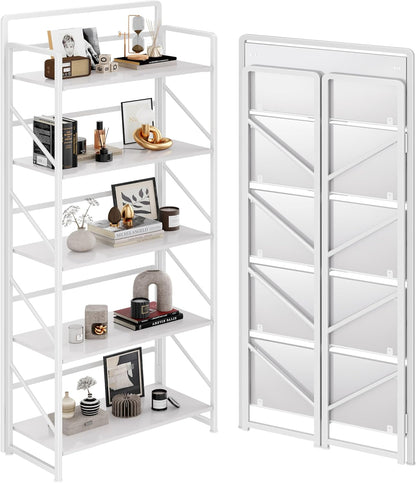 JSB No Assembly Folding Bookshelf, 4 Tier Industrial Metal Book Shelf for Storage, Vintage Wood Foldable Bookcase for Living Room, Bedroom, Office Organization Shelves — All White / 5-Tier