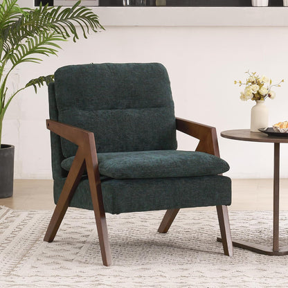 Mid-Century Modern Accent Chair with Solid Wood Frame，Upholstered Chenille Living Room Arm Chairs with Pillow for Bedroom, Living Room, Balcony, Reading Room, Green — 1 / Chenille Green