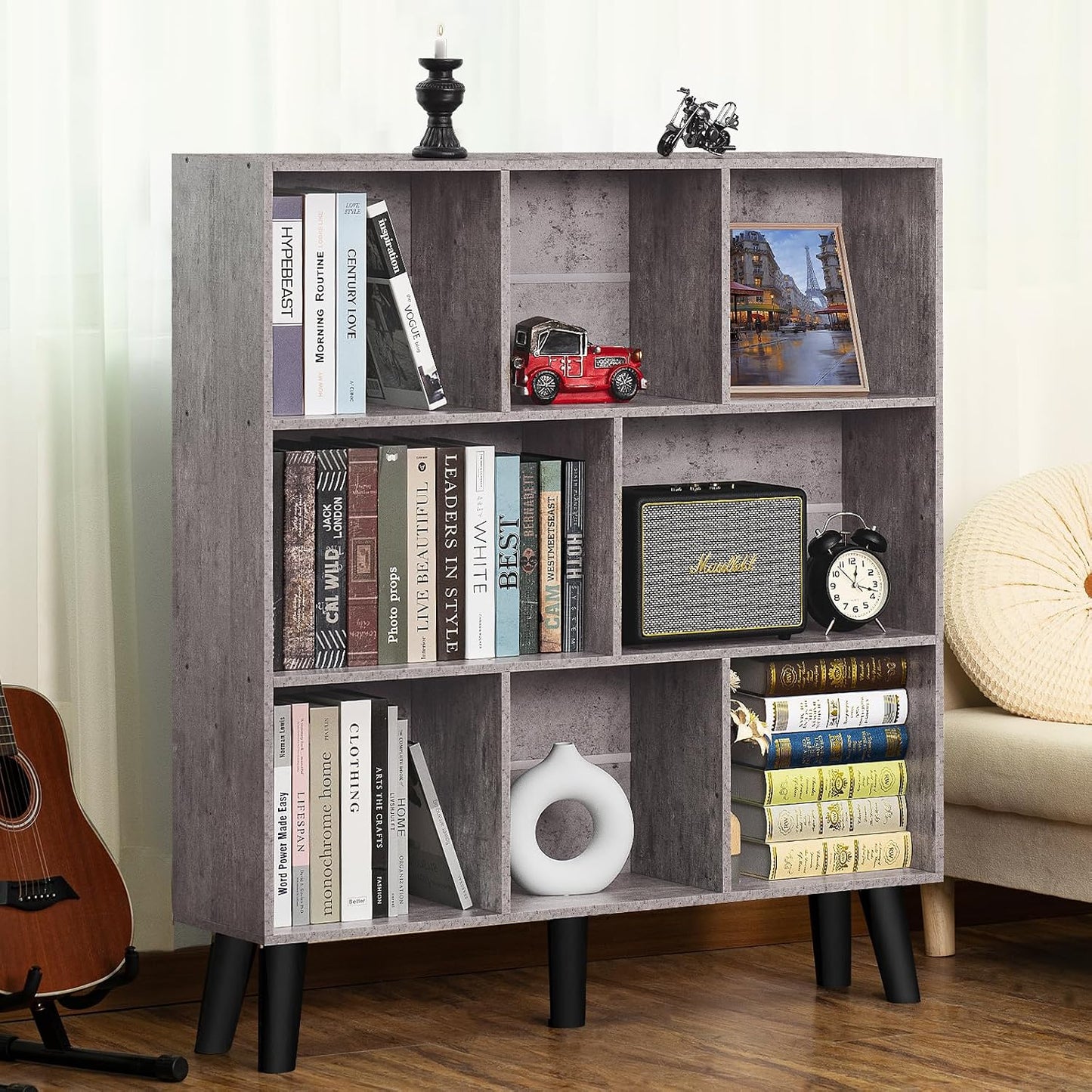 LEYAOYAO Cube Bookshelf 3 Tier Mid-Century Rustic Brown Modern Bookcase with Legs,Retro Wood Bookshelves Storage Organizer Shelf,Freestanding Open Book Shelves for Bedroom,Living Room,Office — Grey / 8 Cube with Legs