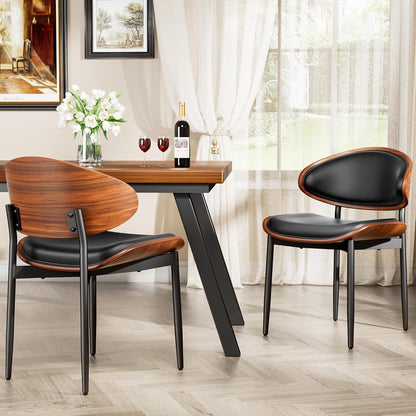 YaFiti Mid Century Dining Chairs Set of 4 with Walnut Bentwood, Greige | Ergonomic Walnut Backrest, Upholstered Waterproof PU Leather Seat, Stable Metal Legs, Adjustable Footpads, Apartment Friendly — Black Pu / 2