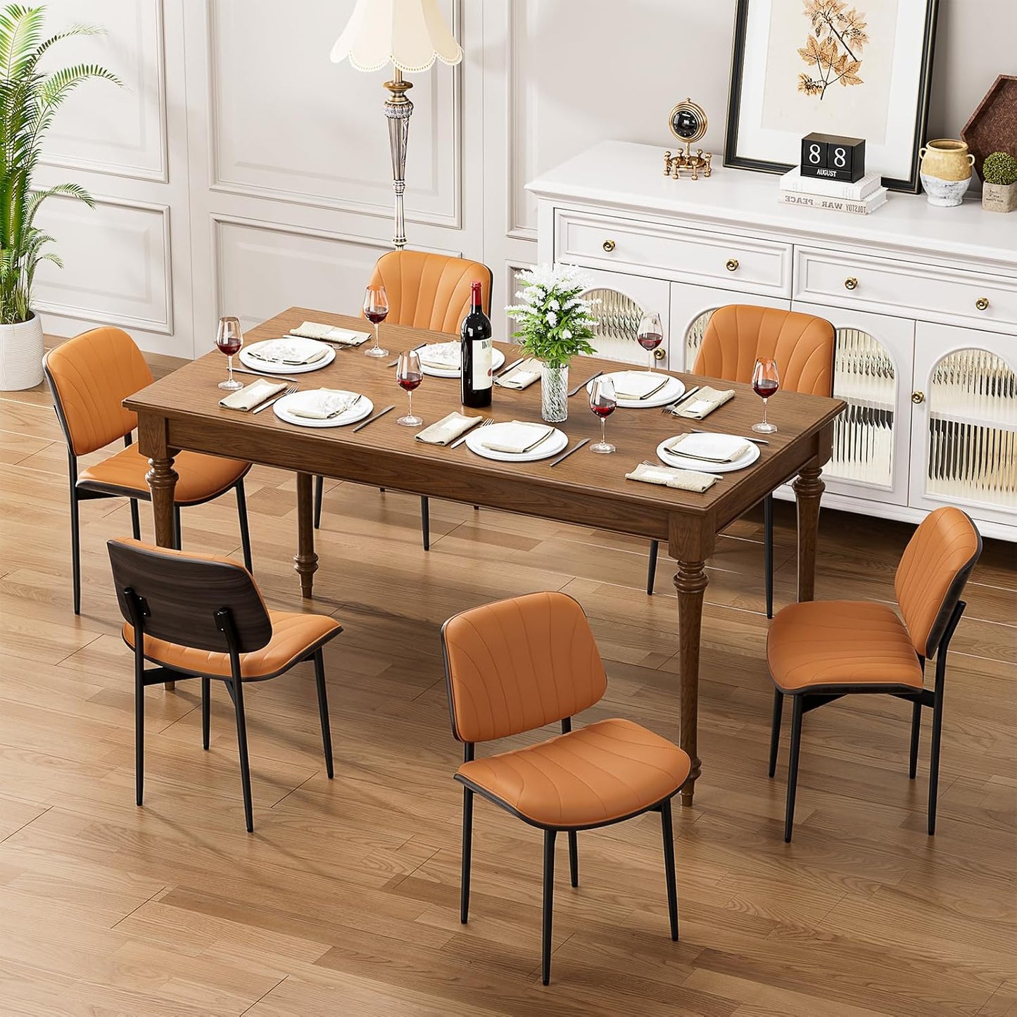 YaFiti Mid Century Dining Chairs Set of 4 with Walnut Bentwood, Greige | Ergonomic Walnut Backrest, Upholstered Waterproof PU Leather Seat, Stable Metal Legs, Adjustable Footpads, Apartment Friendly — Orange Scallop / 6