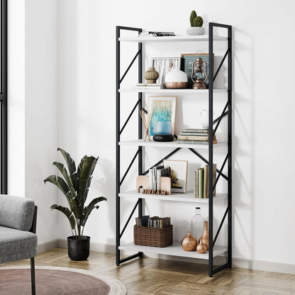 Shintenchi 5 Tiers Bookshelf, Classically Tall Bookcase Shelf, Industrial Book Rack, Modern Book Holder in Bedroom/Living Room/Home/Office, Storage Rack Shelves for Books/Movies-Rustic Brown — 2pcs/White