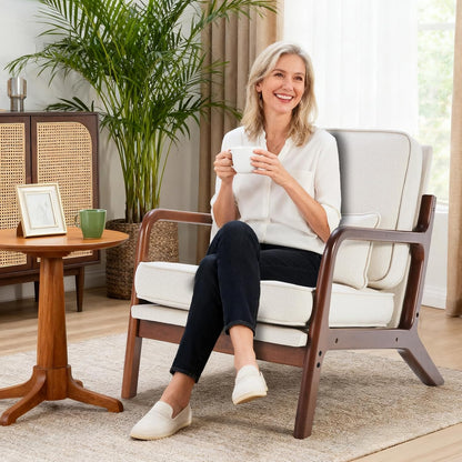 DUMOS Mid Century Modern Accent Chair, Armchair with Lumbar Pillow and Waist Cushion, Solid Wood Frame Lounge Chair for Living Room, Bedroom, Reading Nook, Small Apartment Corner, Ivory White — Ivory White / 1 Pack (7)