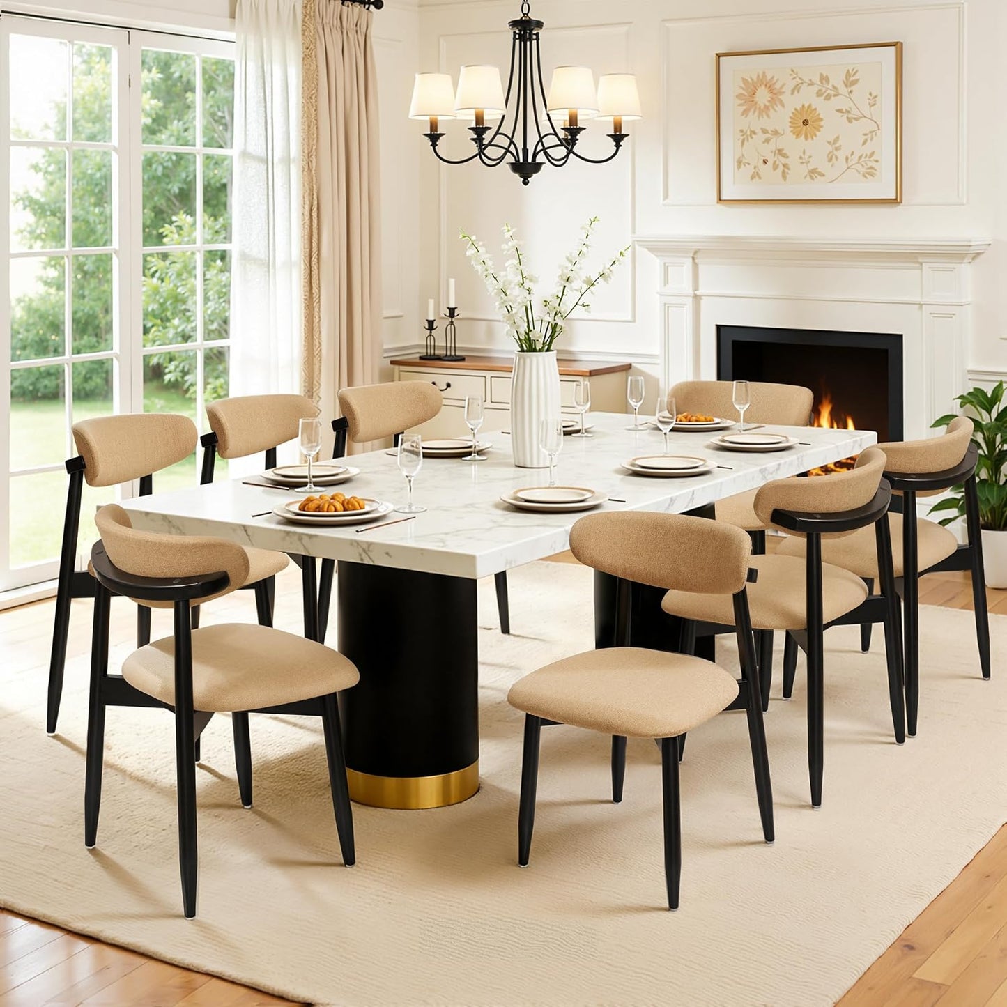CHUN YI Dining Chairs Set of 4, Upholstered Wooden Dining Room Chairs, Mid Century Modern Fabric Kitchen Chair with Ergonomic Curved Backrest, Beige (Only Chairs) — Khaki / Set of 8
