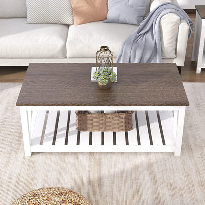 ChooChoo Farmhouse Coffee Table, Rustic Vintage Living Room Table with Shelf, 40 White — White / 40 Inches (3)