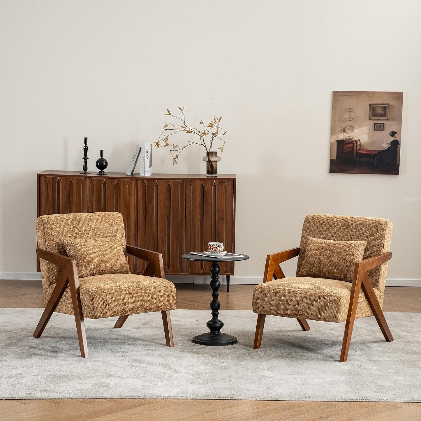 Mid-Century Modern Accent Chair with Solid Wood Frame，Upholstered Chenille Living Room Arm Chairs with Pillow for Bedroom, Living Room, Balcony, Reading Room, Green