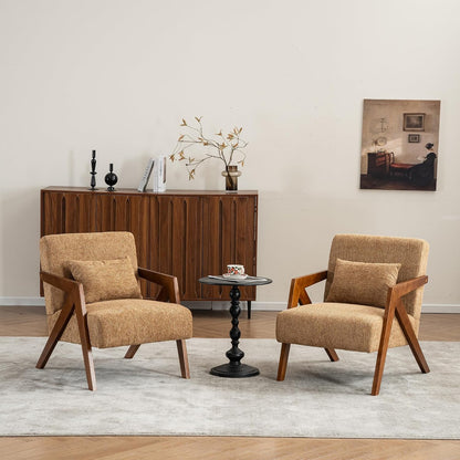 Mid-Century Modern Accent Chair with Solid Wood Frame，Upholstered Chenille Living Room Arm Chairs with Pillow for Bedroom, Living Room, Balcony, Reading Room, Green