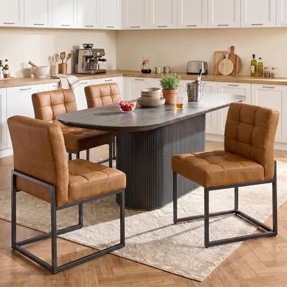 GrandNoor Coffee Faux Leather Dining Chairs Set of 4, Mid-Century Modern Dining Room Chairs with Armless, Checkered Kitchen Chair with Metal Legs — Brown / 4PCS Dining Chairs