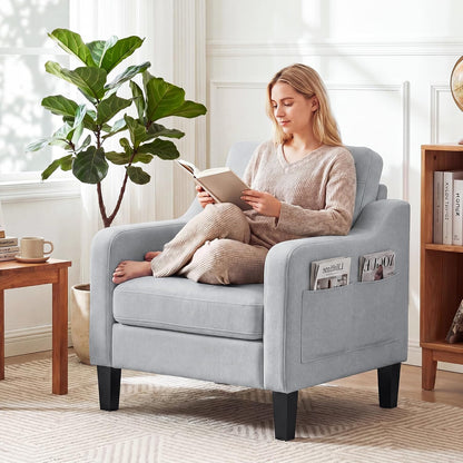 Accent Chair for Living Room, Mid-Century Upholstered Armchair with Foldable Table & 2 Side Pockets, Modern Linen Wooden Sofa Chair for Bedroom & Reading Room, Light Grey — Light Grey / 1 (8)