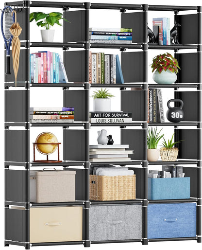 Mavivegue Book Shelf, 12 Cube Storage Organizer, DIY Bookcase, Metal Bookshelf,Tall Book case for Bedroom, Living Room,Office,Closet, Black Cubicle Rack — Black / 18-Grid