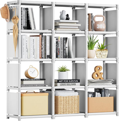 Mavivegue Book Shelf, 12 Cube Storage Organizer, DIY Bookcase, Metal Bookshelf,Tall Book case for Bedroom, Living Room,Office,Closet, Black Cubicle Rack — White / 12-Grid