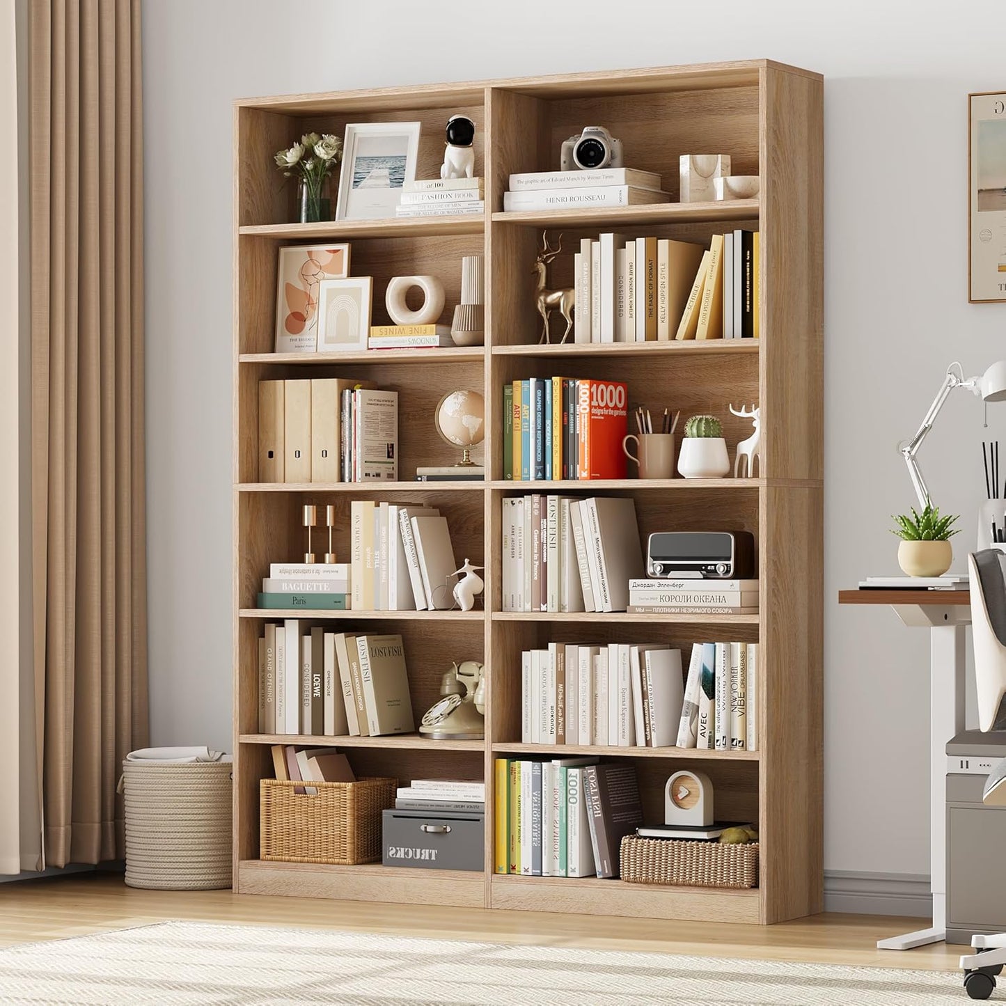 FACBOTALL Bookshelf and Bookcase, 6-Tier Double Wide Bookshelves,Freestanding Display Storage Shelves, Tall Bookcases for Home Decor Bedroom, Living Room, Home Office, Light Oak — Light Oak (2)