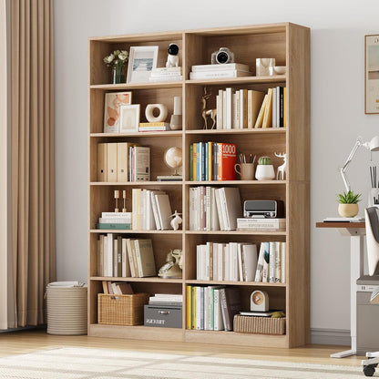 FACBOTALL Bookshelf and Bookcase, 6-Tier Double Wide Bookshelves,Freestanding Display Storage Shelves, Tall Bookcases for Home Decor Bedroom, Living Room, Home Office, Light Oak — Light Oak (2)