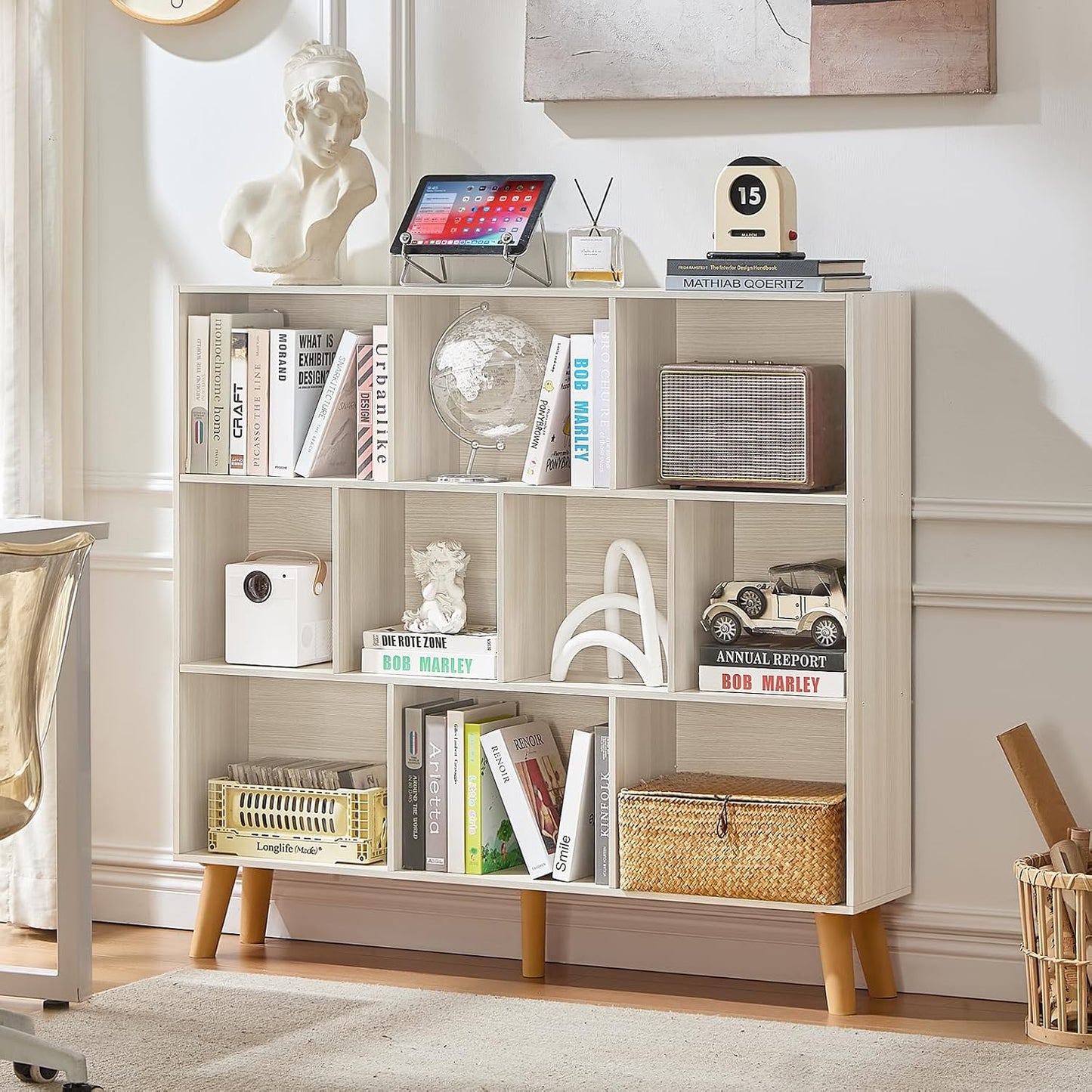 LEYAOYAO Cube Bookshelf 3 Tier Mid-Century Rustic Brown Modern Bookcase with Legs,Retro Wood Bookshelves Storage Organizer Shelf,Freestanding Open Book Shelves for Bedroom,Living Room,Office — Light Grey White / 10 Cube with Legs