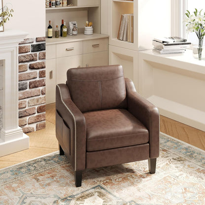 MALOL PU Leather Accent Chair, Mid-Century Modern Living Room Armchair Sofa with Removable Cushions, Solid Wood Frame & Stitched Armrest Design, Bedroom Chair with Plastic Legs, Chocolate Brown — Chocolate Brown / Set of 1 (7)