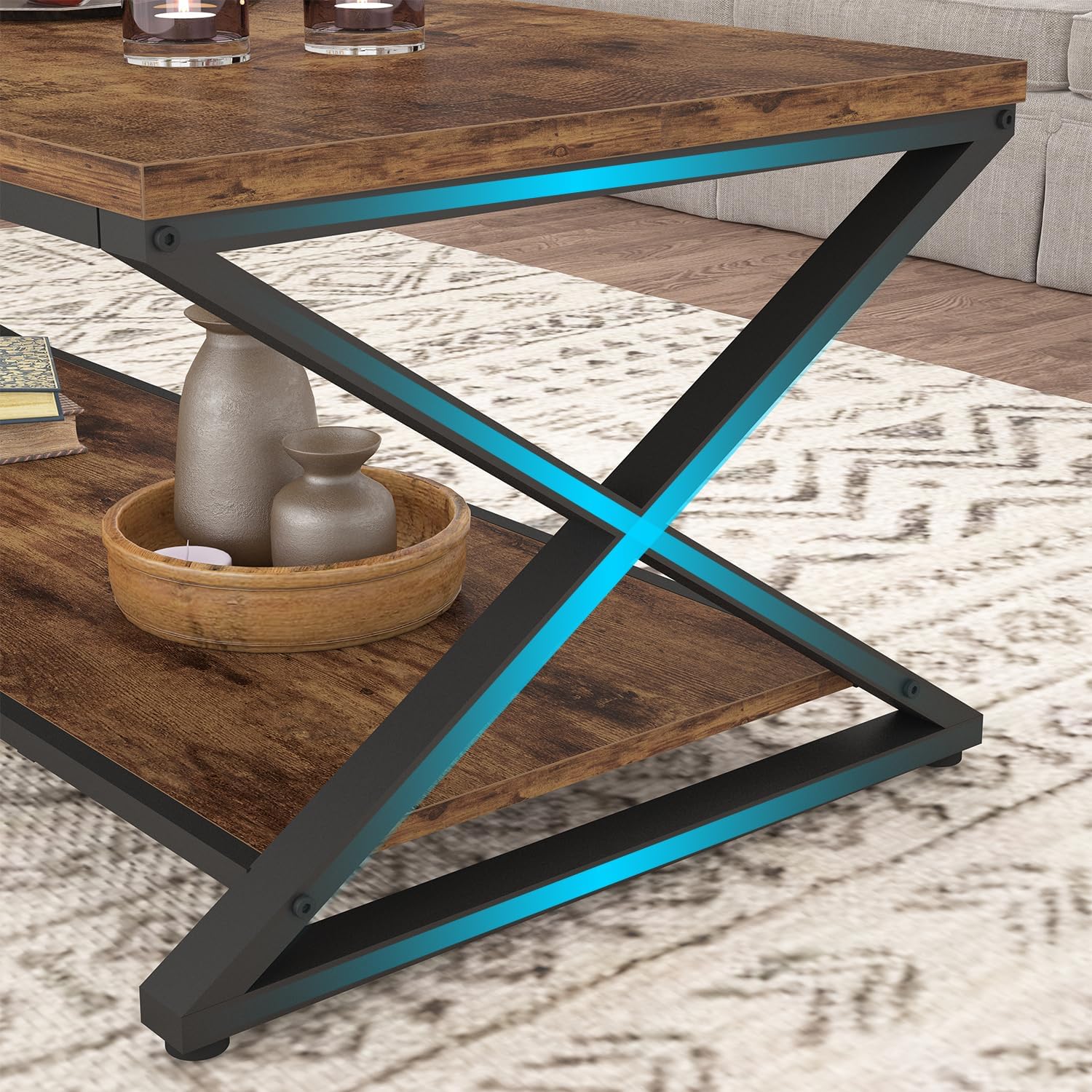 HSH Wood Coffee Table with Storage, Farmhouse Rustic Brown Coffee Table for Living Room, Modern Minimalist 2 Tier Center Table, Simple Rectangle Cocktail Tea Table in Home Office Bedroom, 39 Inch — 39 Inch / Rustic Brown (7)