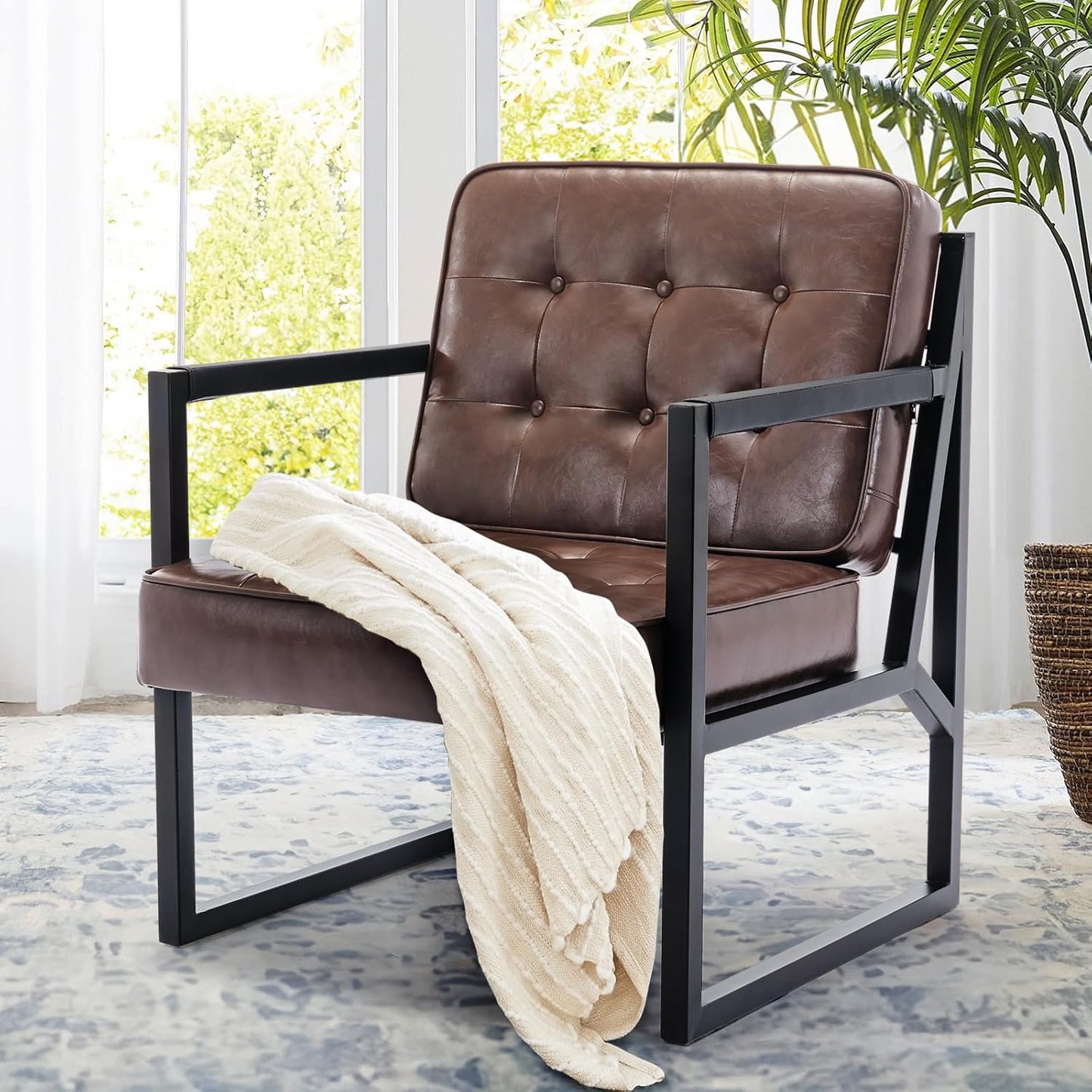COLAMY Mid Century Modern Accent Chair Set of 2, Comfy Living Room Chair, Black Leather Accent Chair, Faux Leather Reception Armchair with Metal Legs for Living Room Bedroom Reception Office, Black