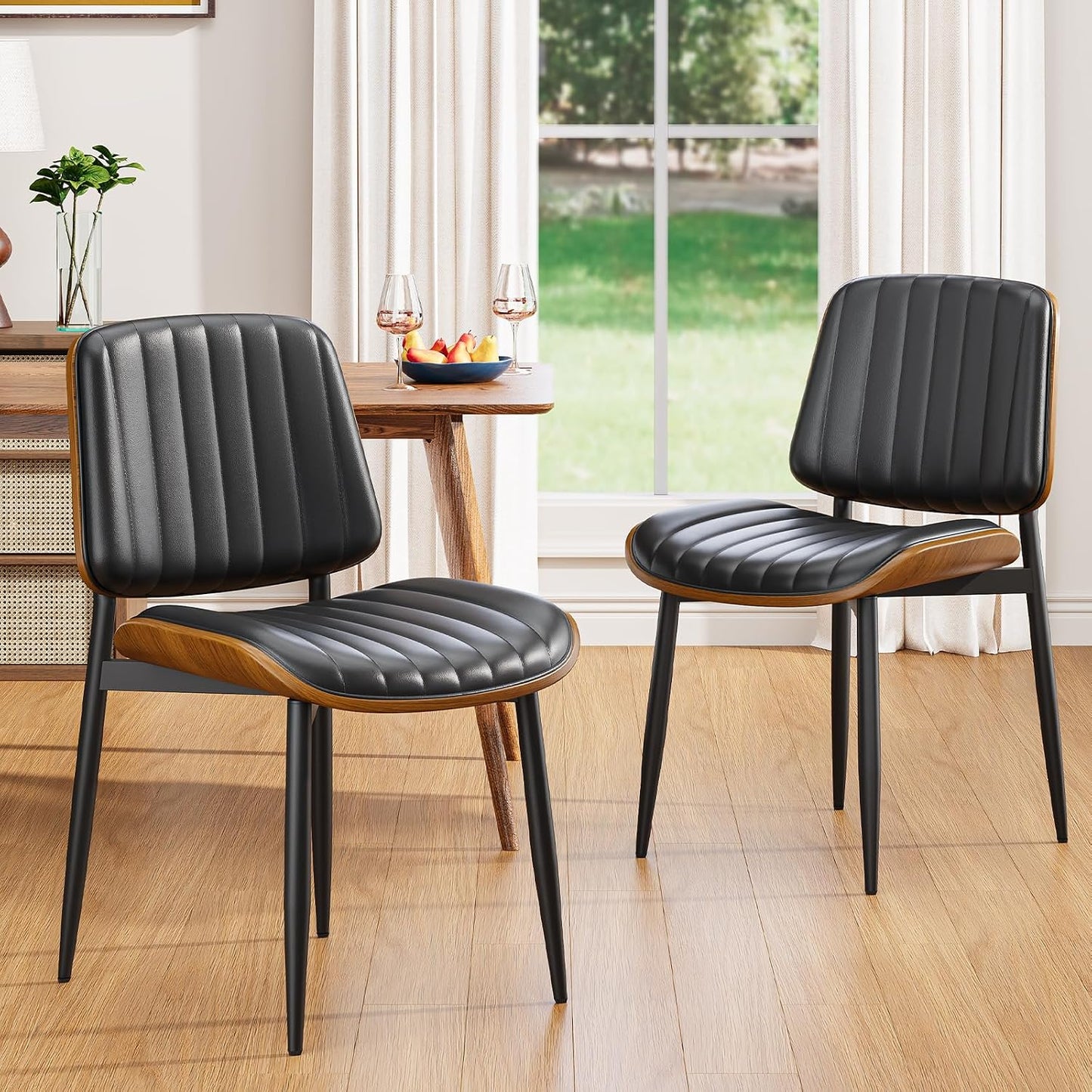 YaFiti Mid Century Dining Chairs Set of 4 with Walnut Bentwood, Greige | Ergonomic Walnut Backrest, Upholstered Waterproof PU Leather Seat, Stable Metal Legs, Adjustable Footpads, Apartment Friendly — Black Pinstripe / 2